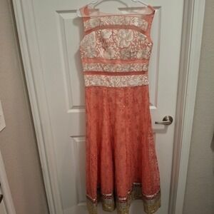Butti Peach Floral Embroidered Anarkali Style Sequin Dress Sz 5 Bollywood Indian